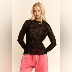 🟠426B-BLACK. Floral Plaid Velvet Flocked Mesh Top